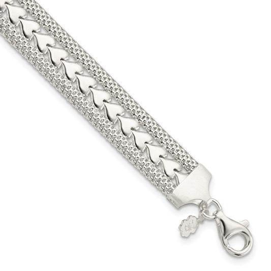 7.5 Inch Sterling Silver Polished Textured Heart Bracelet