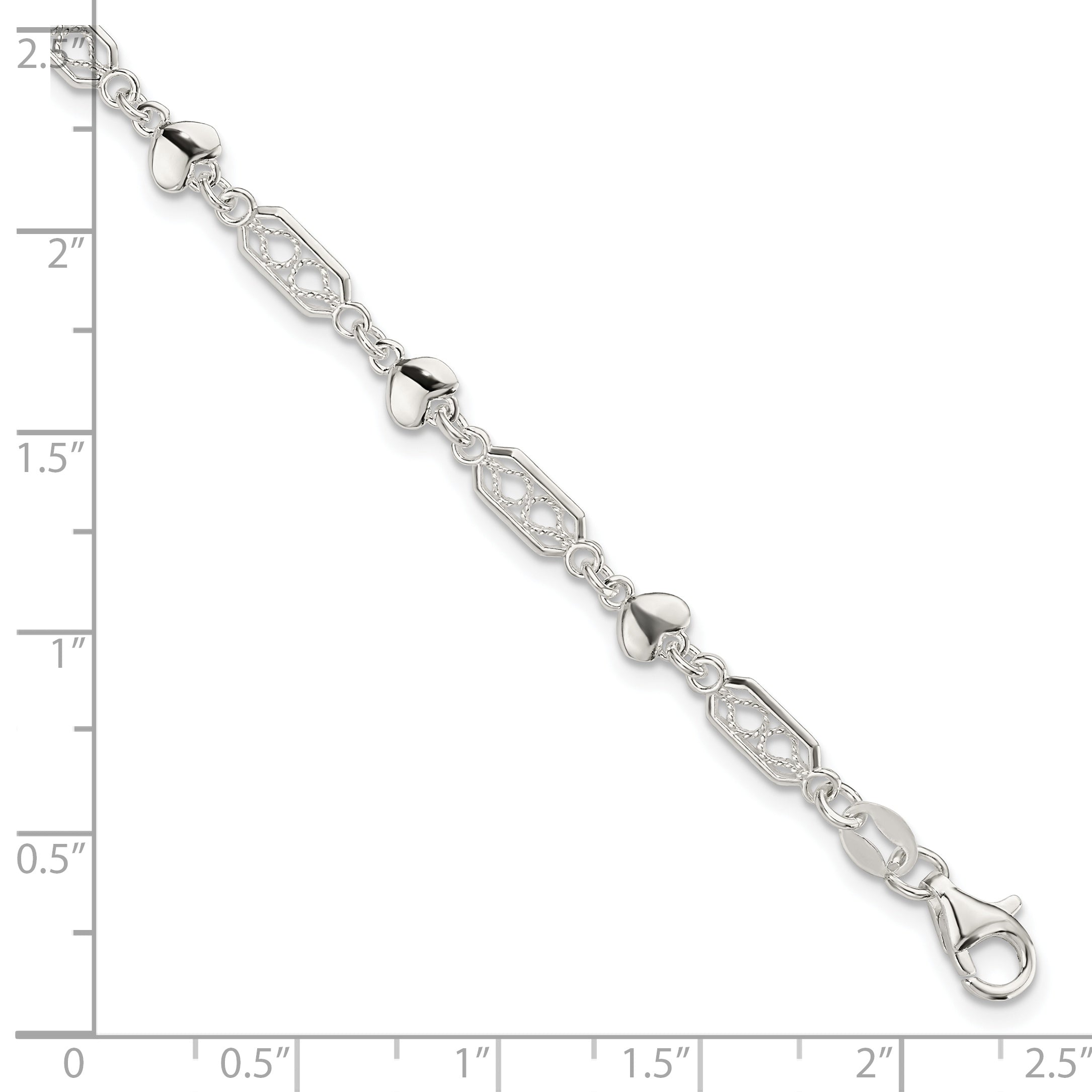 7.5 Inch Sterling Silver Fancy Heart Link Bracelet