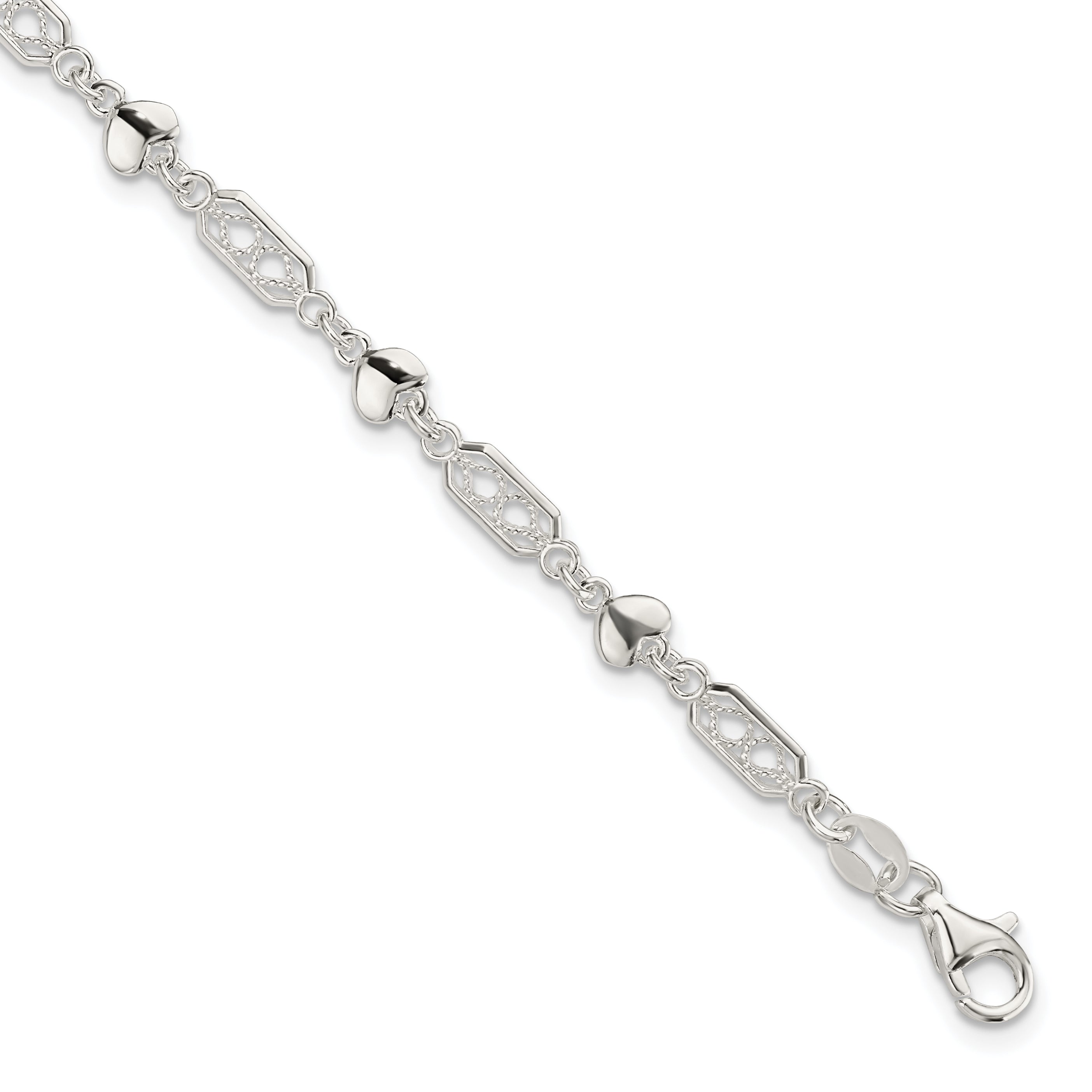 7.5 Inch Sterling Silver Fancy Heart Link Bracelet