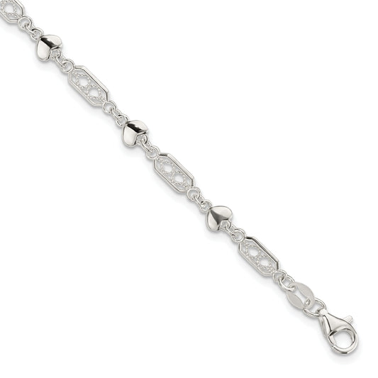7.5 Inch Sterling Silver Fancy Heart Link Bracelet