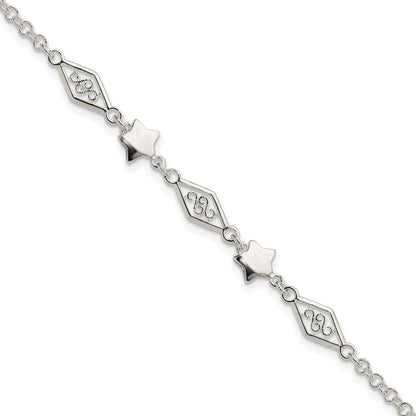 7.5 Inch Sterling Silver Fancy Star Bracelet