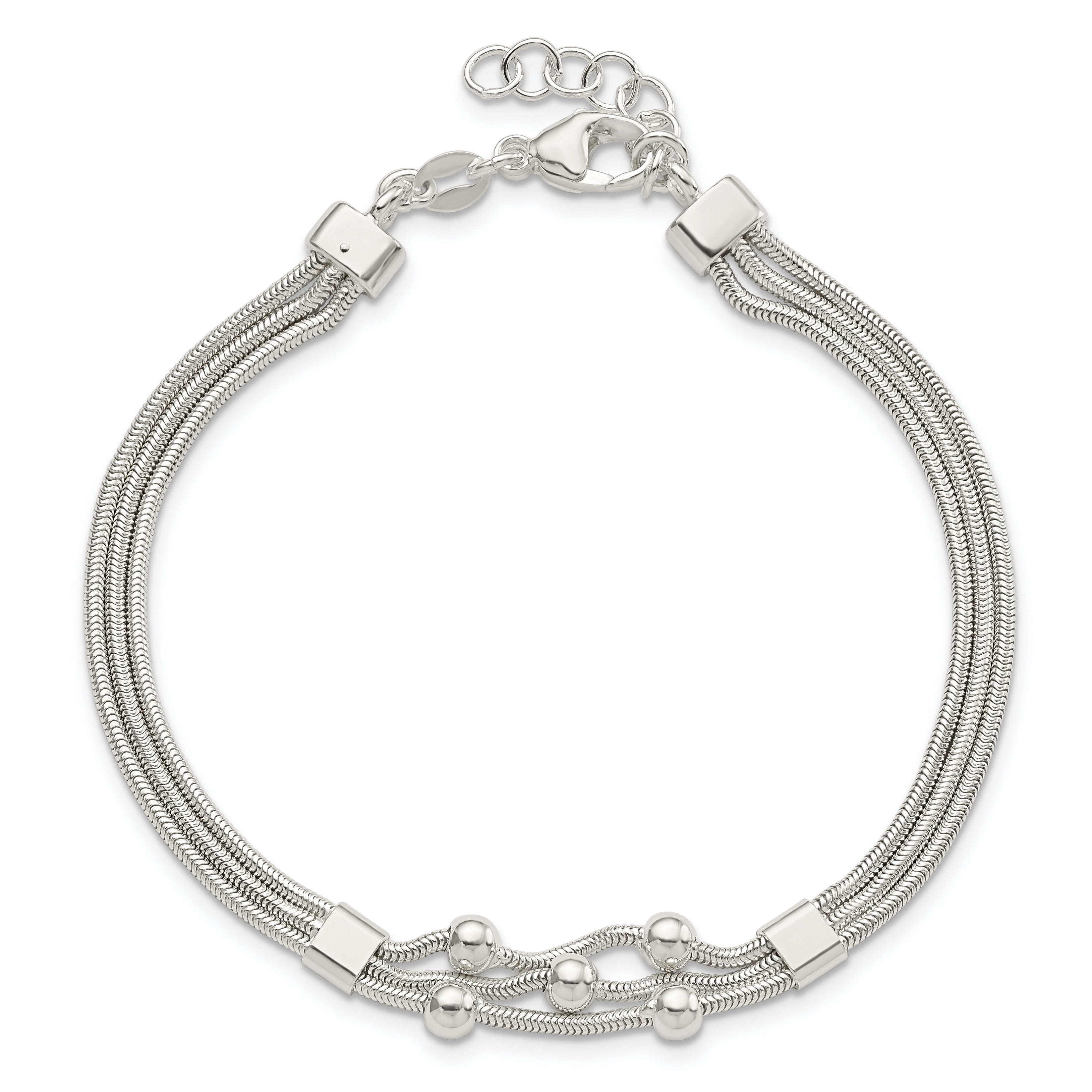8.25 Inch Sterling Silver Polished Beaded 3-Strand W/ 1In Ext. Bracelet