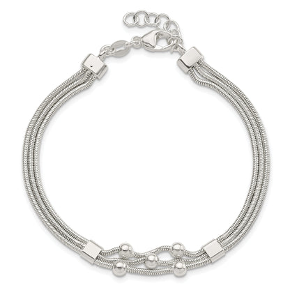 8.25 Inch Sterling Silver Polished Beaded 3-Strand W/ 1In Ext. Bracelet