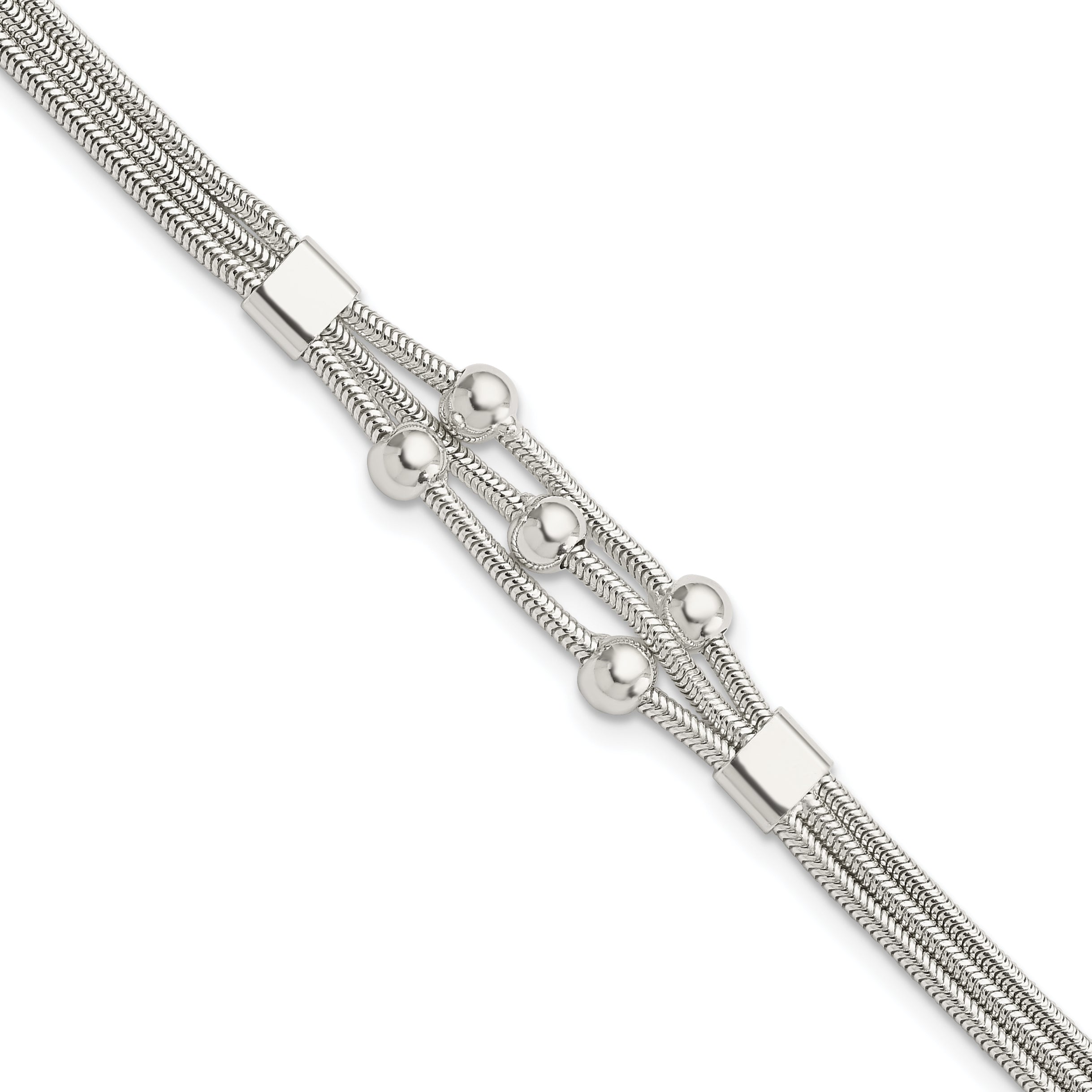8.25 Inch Sterling Silver Polished Beaded 3-Strand W/ 1In Ext. Bracelet