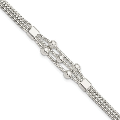 8.25 Inch Sterling Silver Polished Beaded 3-Strand W/ 1In Ext. Bracelet