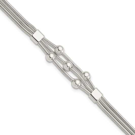8.25 Inch Sterling Silver Polished Beaded 3-Strand W/ 1In Ext. Bracelet