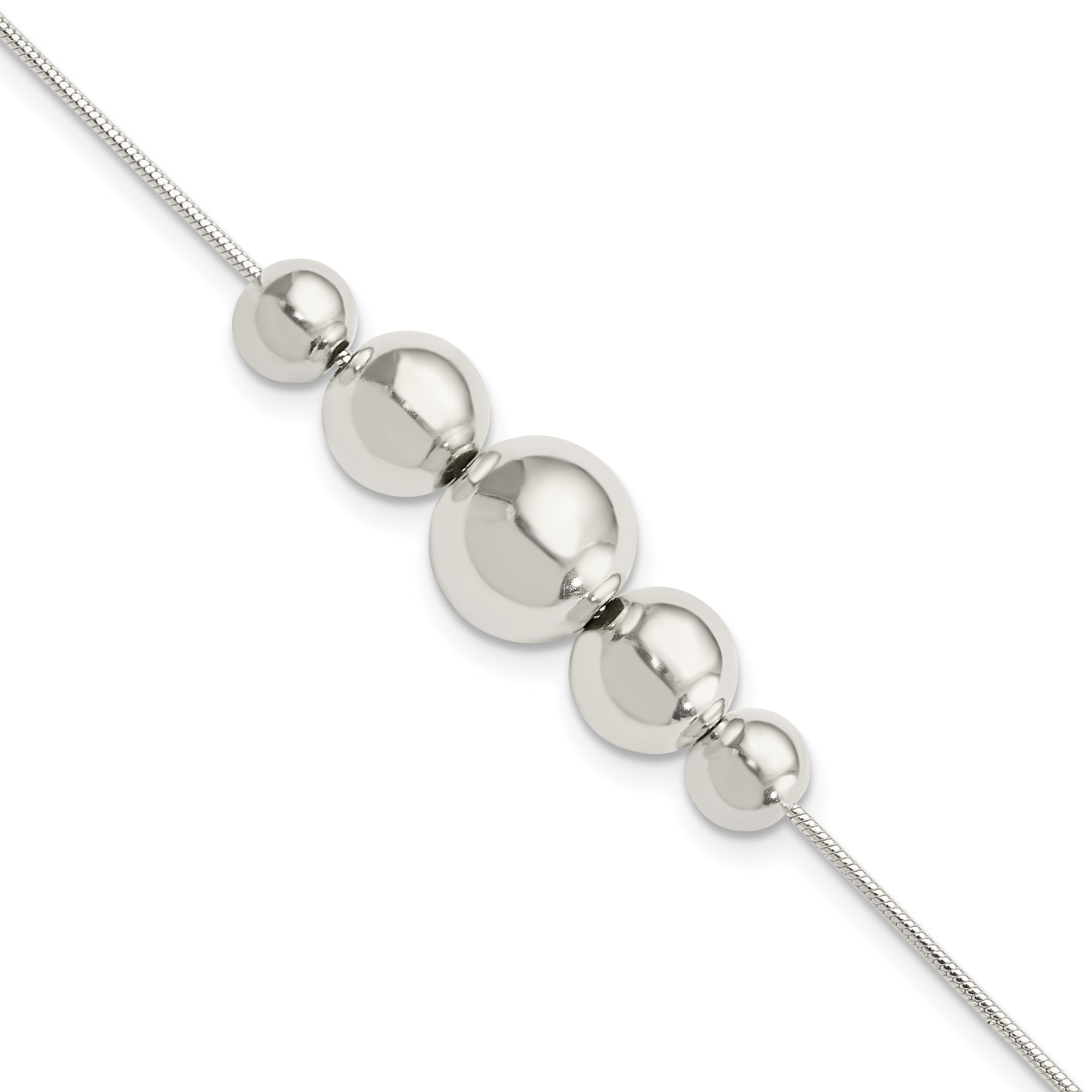 8 Inch Sterling Silver Polished Tapered Round Bead W/1 In Ext. Bracelet