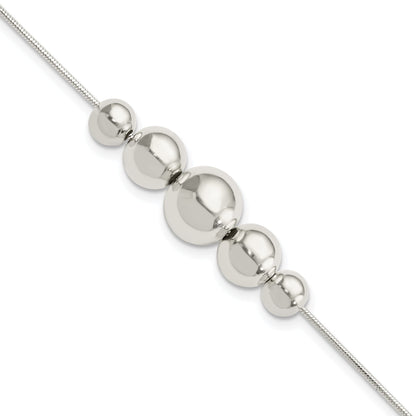 8 Inch Sterling Silver Polished Tapered Round Bead W/1 In Ext. Bracelet