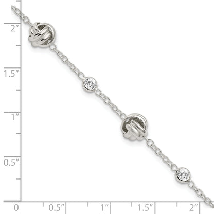 7.25 Inch Sterling Silver Rhod-Plated Polished Knotted Cz W/1.25 In Ext Bracelet