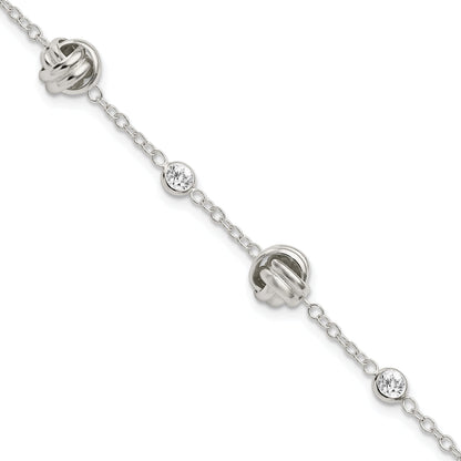 7.25 Inch Sterling Silver Rhod-Plated Polished Knotted Cz W/1.25 In Ext Bracelet