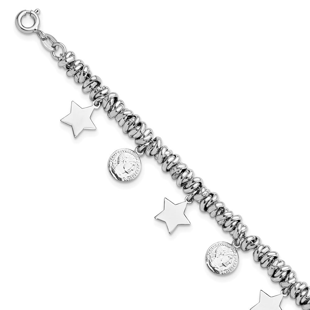 Sterling Silver Rhodium-Plated Polished Coin And Star Charm W/ 1In Ext. Bra
