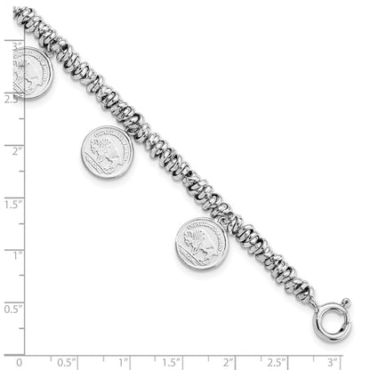 9.25 Inch Sterling Silver Rhodium-Plated Polished Coin Charm W/ 2In Ext. Bracelet