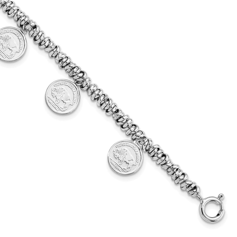 9.25 Inch Sterling Silver Rhodium-Plated Polished Coin Charm W/ 2In Ext. Bracelet