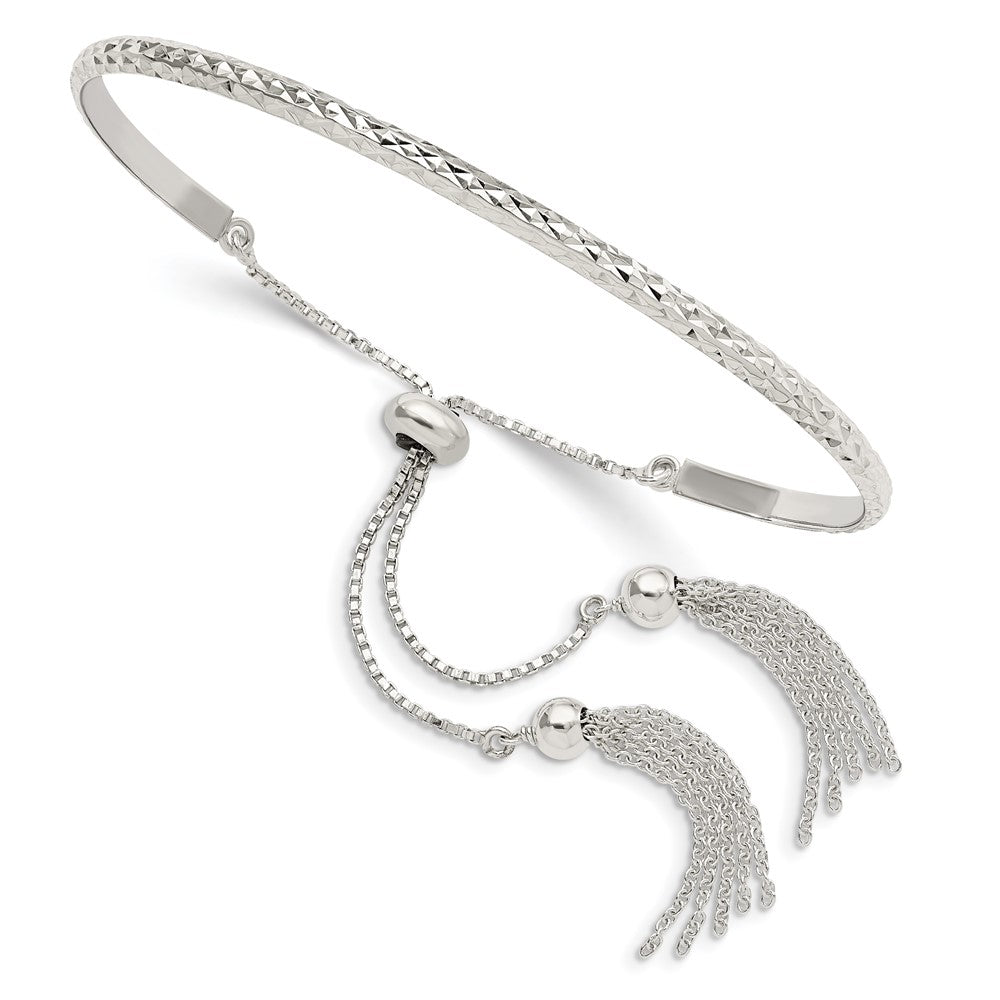 Sterling Silver Polished D/C W/Tassels Adjustable Bangle
