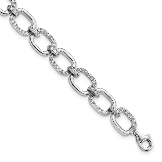 Sterling Silver Rhodium-Plated Clear Cz And Polished Square Link 7.75 Inch Bracelet