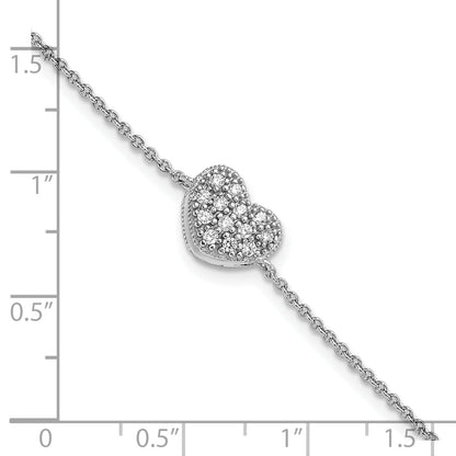 6.25 Inch Sterling Silver Rhodium-Plated Cz W/1In Ext Heart Bracelet