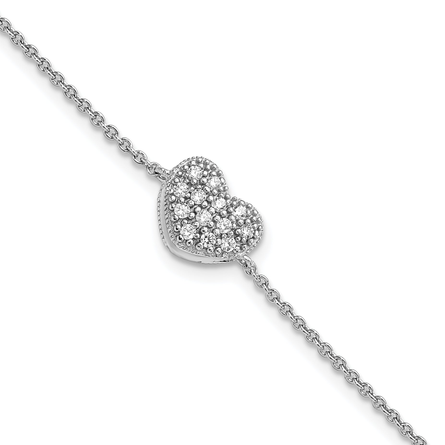 6.25 Inch Sterling Silver Rhodium-Plated Cz W/1In Ext Heart Bracelet