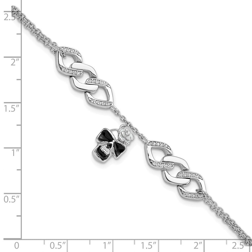 6.5 Inch Sterling Silver Rh Cz Enamel Skull W/Flower 6.5In W/1In Ext Bracelet