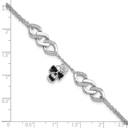 6.5 Inch Sterling Silver Rh Cz Enamel Skull W/Flower 6.5In W/1In Ext Bracelet