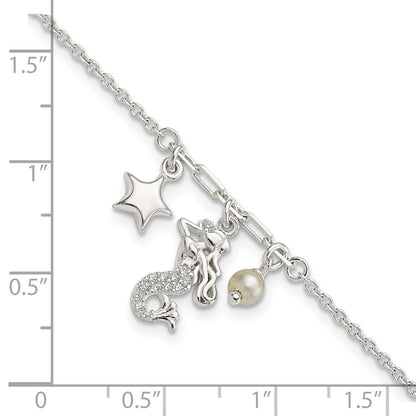 7.5 Inch Sterling Silver Cz Mermaid/Star/Glass Pearl Bracelet