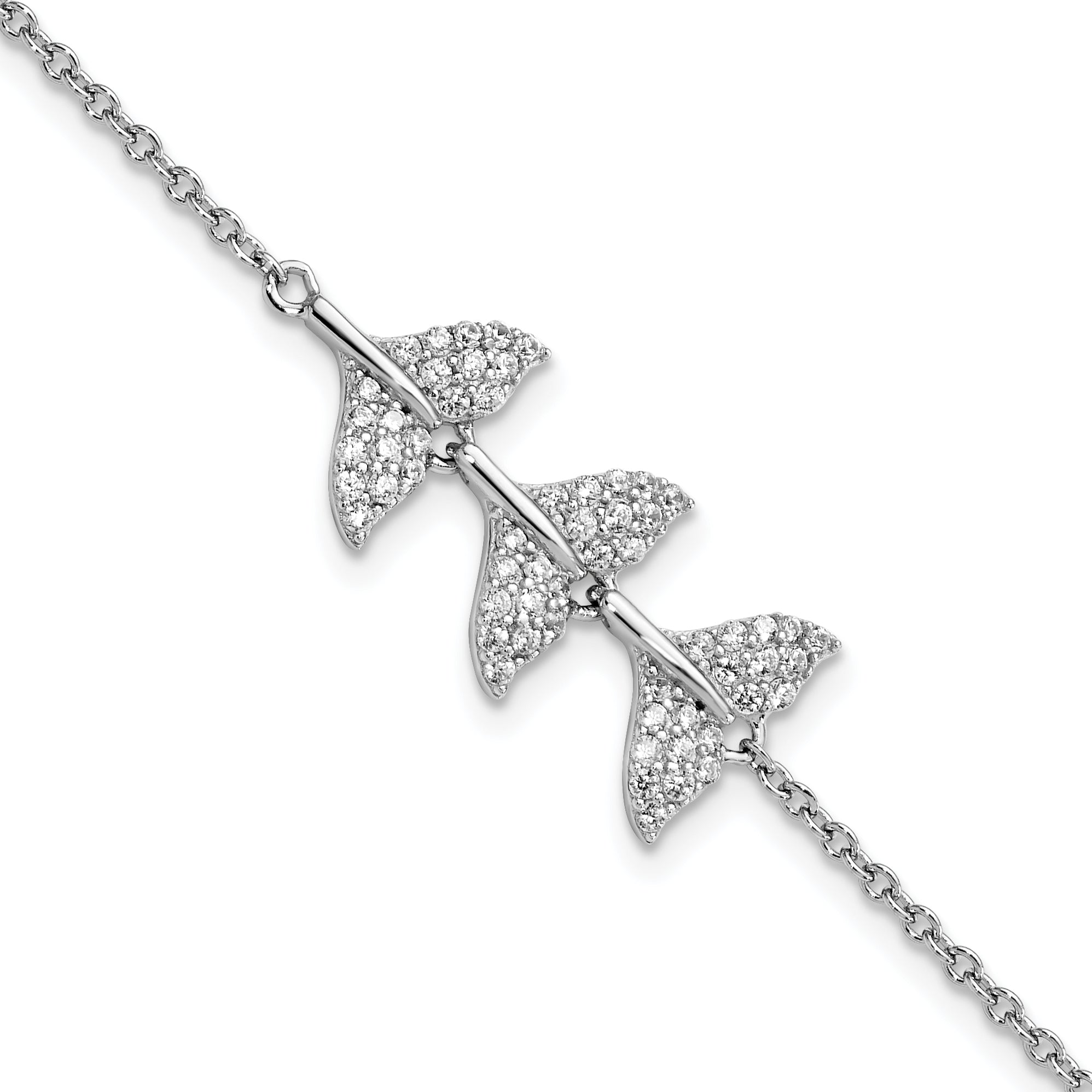 7 Inch Sterling Silver Rhodium-Plated Cz Whale Tail W/ 1Inch Bracelet