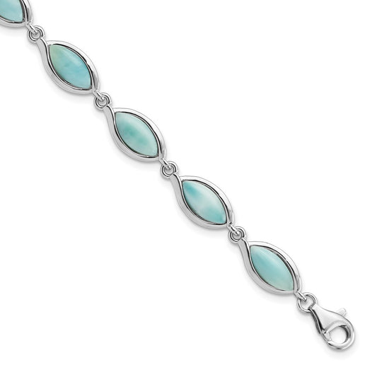 8 Inch Sterling Silver Rhodium-Plated Polished Marquise Shape Larimar Bracelet