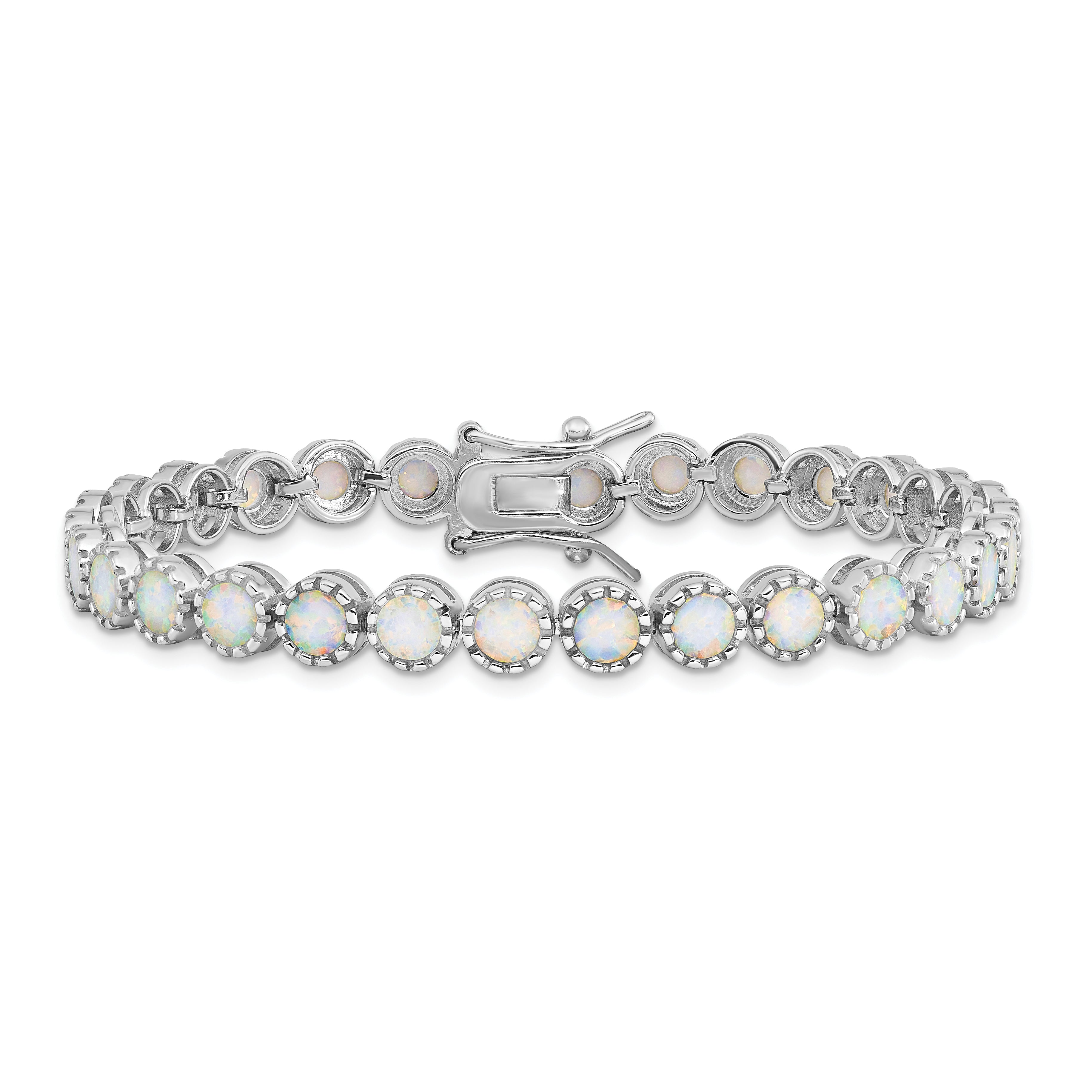 7 Inch Sterling Silver Rhodium-Plated Beaded White Created Opal Inlay Bracelet
