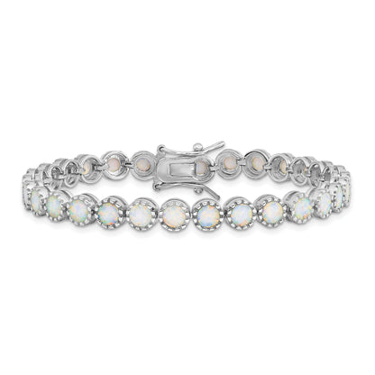 7 Inch Sterling Silver Rhodium-Plated Beaded White Created Opal Inlay Bracelet