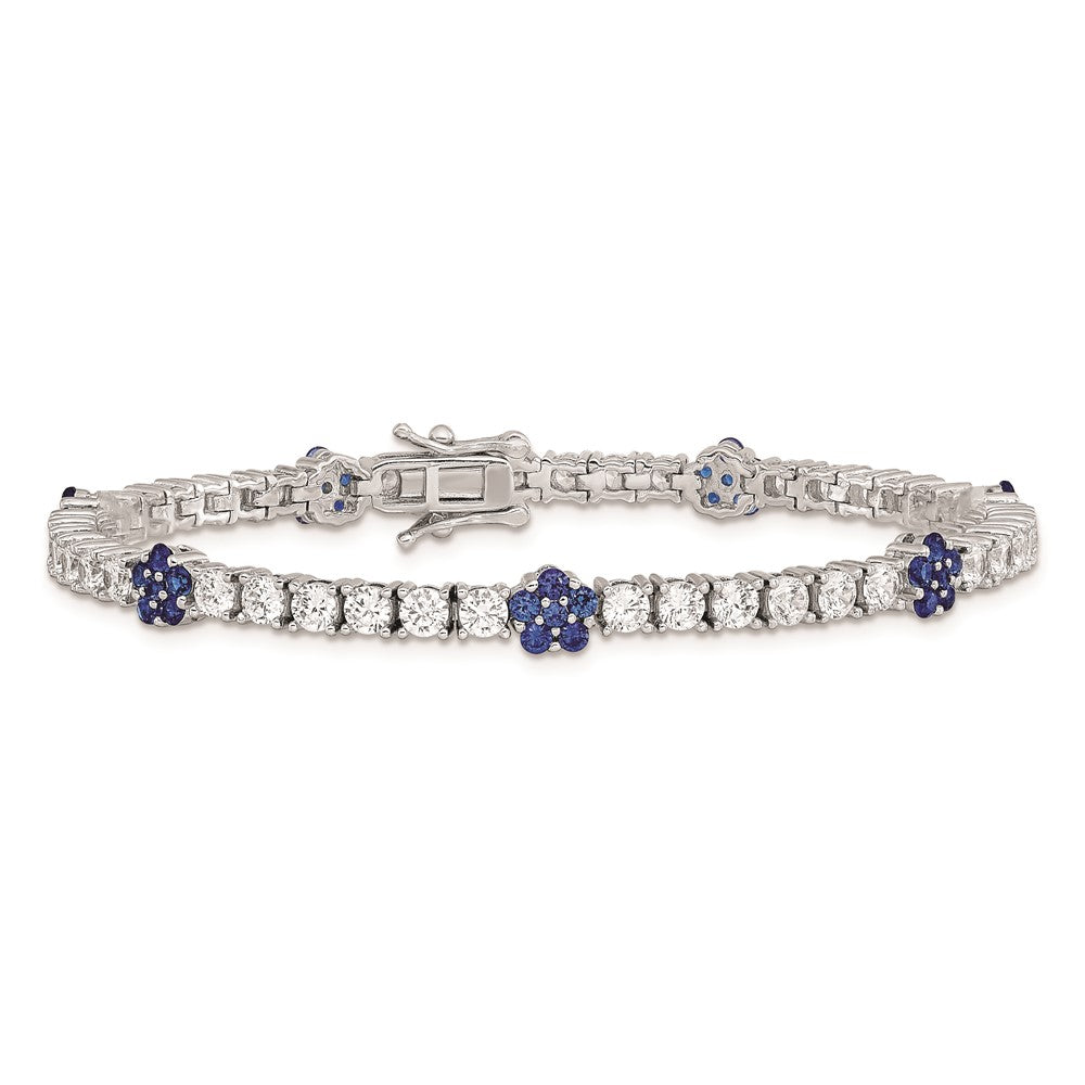 7 Inch Sterling Silver Rhodium-Plated Cr Blue Spinel & Cz Flower 7In Bracelet