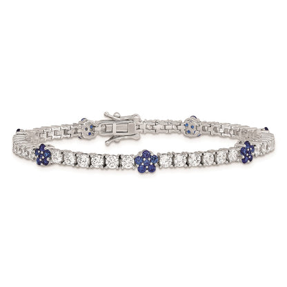 7 Inch Sterling Silver Rhodium-Plated Cr Blue Spinel & Cz Flower 7In Bracelet