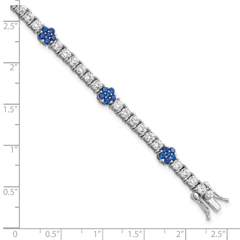 7 Inch Sterling Silver Rhodium-Plated Cr Blue Spinel & Cz Flower 7In Bracelet