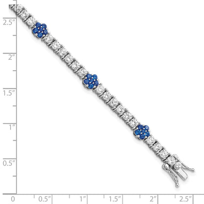 7 Inch Sterling Silver Rhodium-Plated Cr Blue Spinel & Cz Flower 7In Bracelet