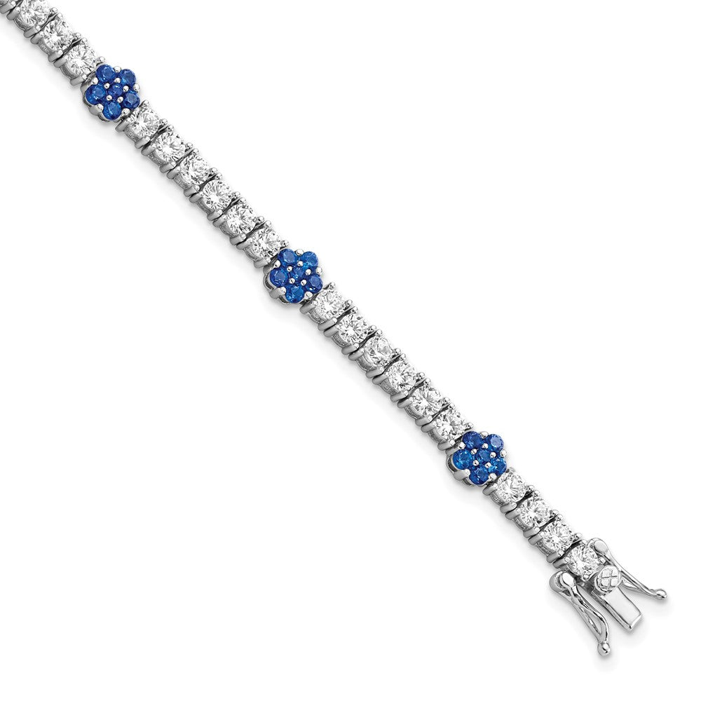 7 Inch Sterling Silver Rhodium-Plated Cr Blue Spinel & Cz Flower 7In Bracelet