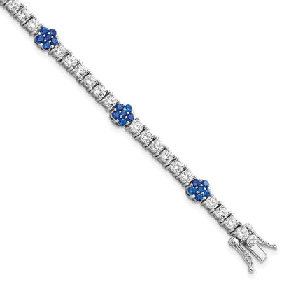 7 Inch Sterling Silver Rhodium-Plated Cr Blue Spinel & Cz Flower 7In Bracelet