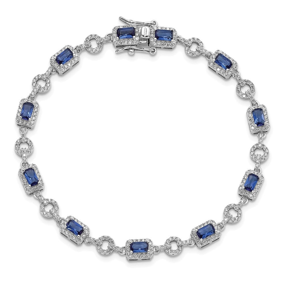 Sterling Silver Rhodium-Plated Cz And Blue Glass Stone 7.75 Inch Bracelet