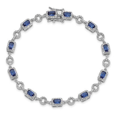 Sterling Silver Rhodium-Plated Cz And Blue Glass Stone 7.75 Inch Bracelet