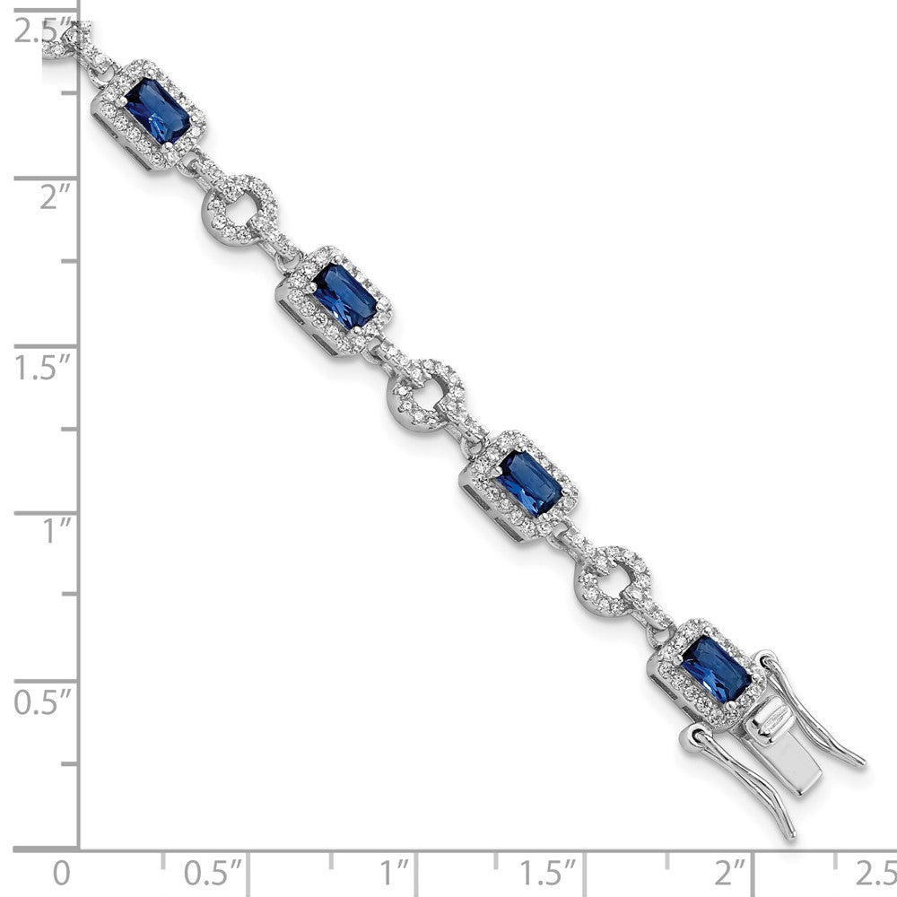 Sterling Silver Rhodium-Plated Cz And Blue Glass Stone 7.75 Inch Bracelet