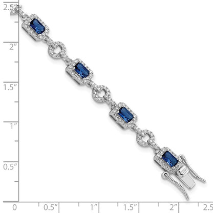 Sterling Silver Rhodium-Plated Cz And Blue Glass Stone 7.75 Inch Bracelet