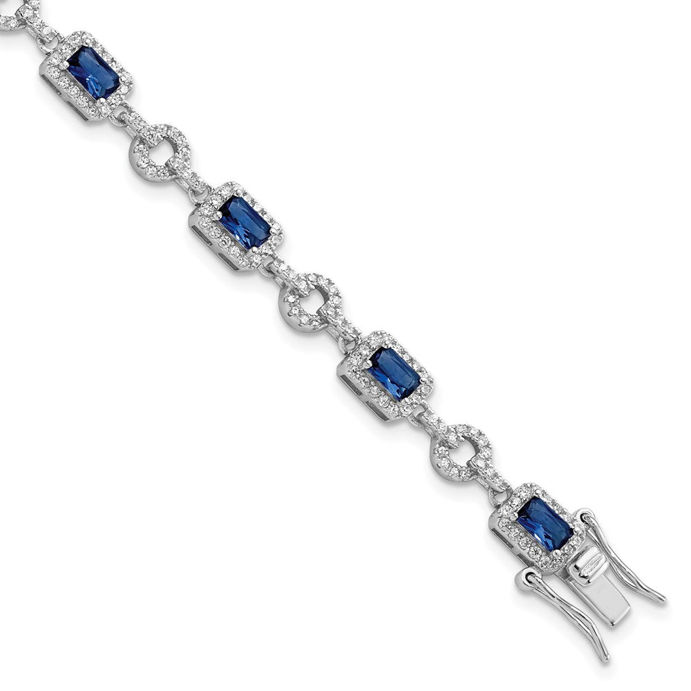 Sterling Silver Rhodium-Plated Cz And Blue Glass Stone 7.75 Inch Bracelet