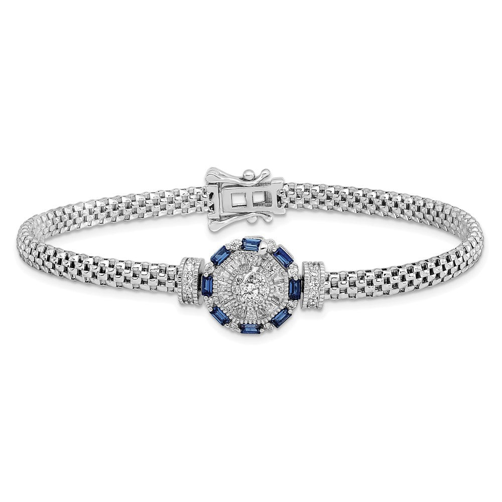 7 Inch Sterling Silver Rhodium-Plated Polished Blue & White Cz Bracelet