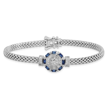 7 Inch Sterling Silver Rhodium-Plated Polished Blue & White Cz Bracelet
