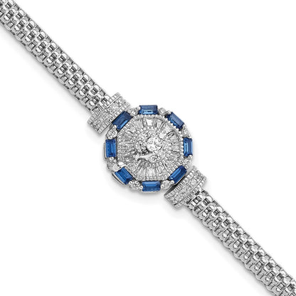 7 Inch Sterling Silver Rhodium-Plated Polished Blue & White Cz Bracelet