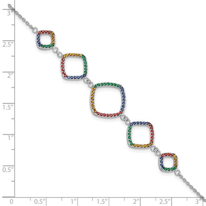 6.5 Inch Sterling Silver 7In W/1In Ext Rh-Plated Multi-Color Nano Crystal Bracelet