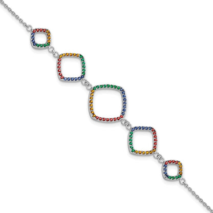 6.5 Inch Sterling Silver 7In W/1In Ext Rh-Plated Multi-Color Nano Crystal Bracelet