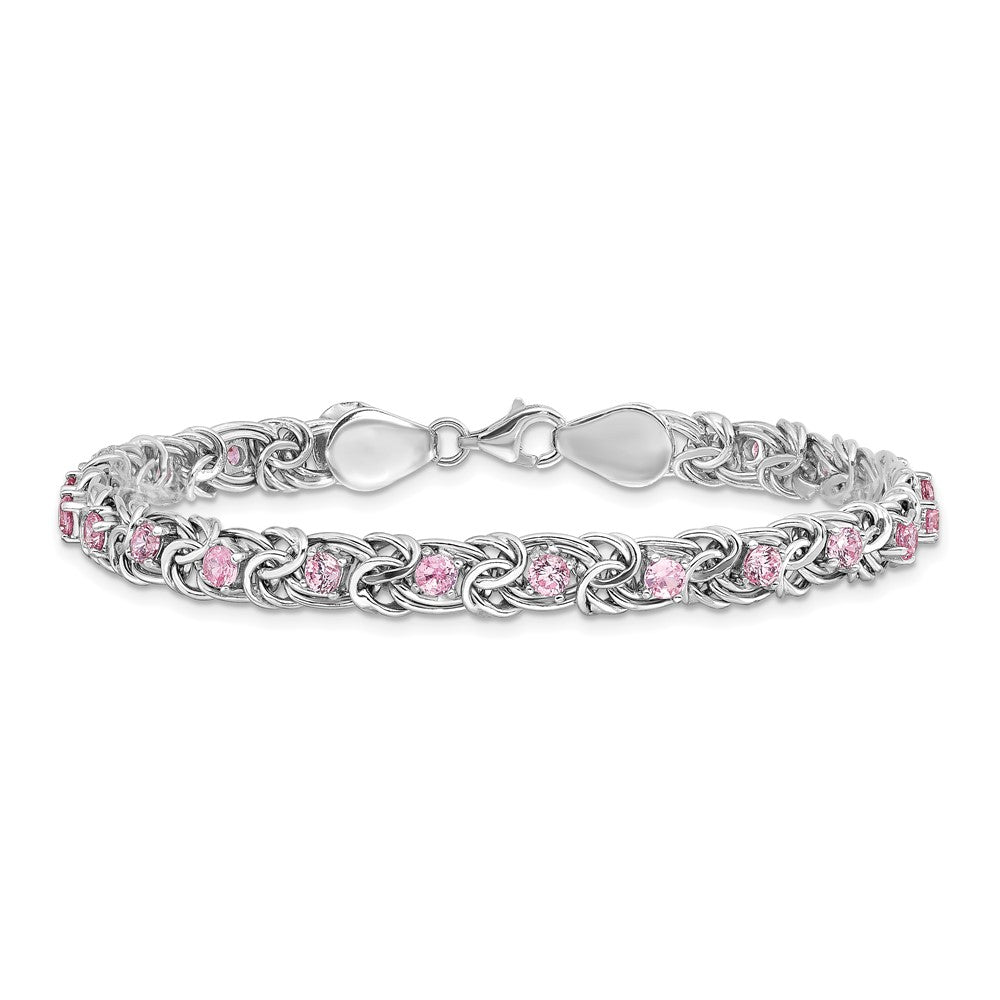 7.5 Inch Sterling Silver Rhodium-Plated Polished Pink Cz Flat Link 7.5In Bracelet