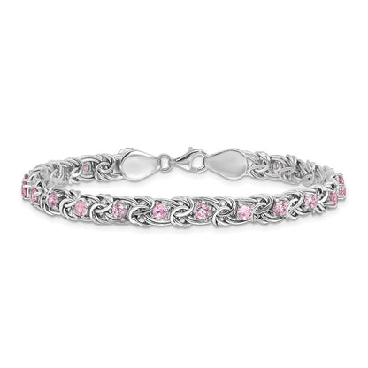7.5 Inch Sterling Silver Rhodium-Plated Polished Pink Cz Flat Link 7.5In Bracelet