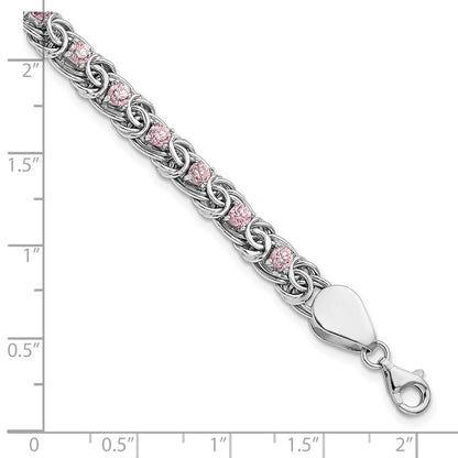 7.5 Inch Sterling Silver Rhodium-Plated Polished Pink Cz Flat Link 7.5In Bracelet