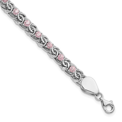 7.5 Inch Sterling Silver Rhodium-Plated Polished Pink Cz Flat Link 7.5In Bracelet