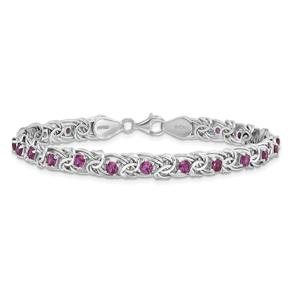 7.5 Inch Sterling Silver Rhodium-Plated Dark Pink Glass Flat Link 7.5In Bracelet