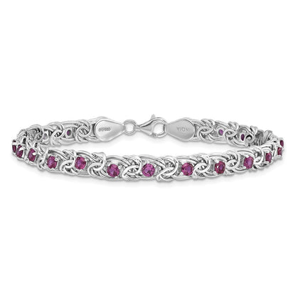 7.5 Inch Sterling Silver Rhodium-Plated Dark Pink Glass Flat Link 7.5In Bracelet
